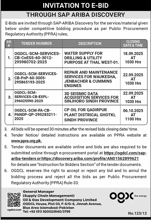 Oil & Gas Development Company Limited Islamabad Tender Notice-1